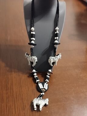 Handcrafted Black & White Zebra Pendant Beaded Necklace